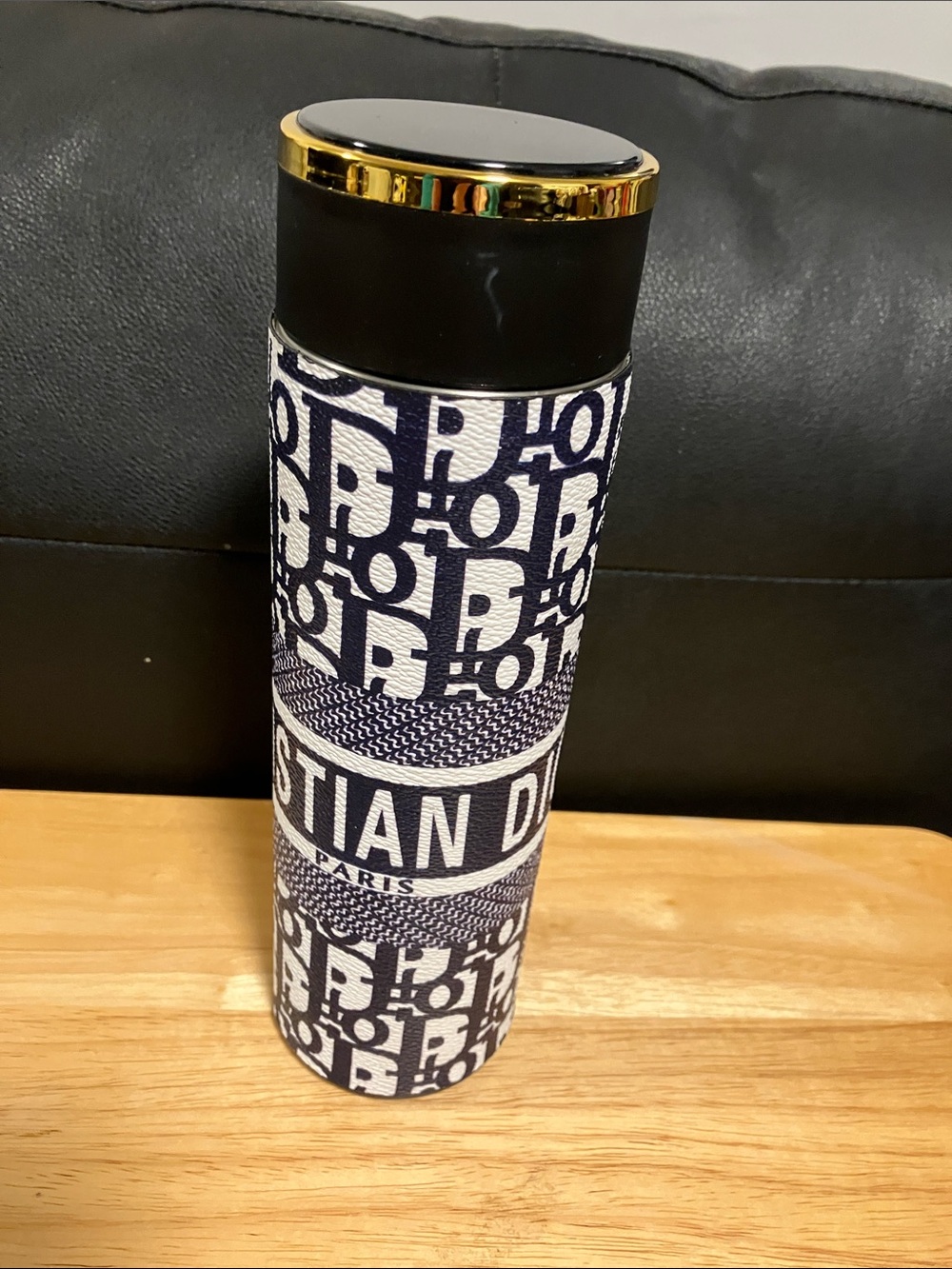 Dior Blue and White Monogram Travel Tumbler with Gold Accent Lid